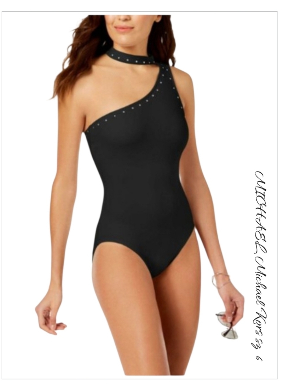 NWT Michael Kors Black Studded One-Shoulder Choker Swimsuit 6